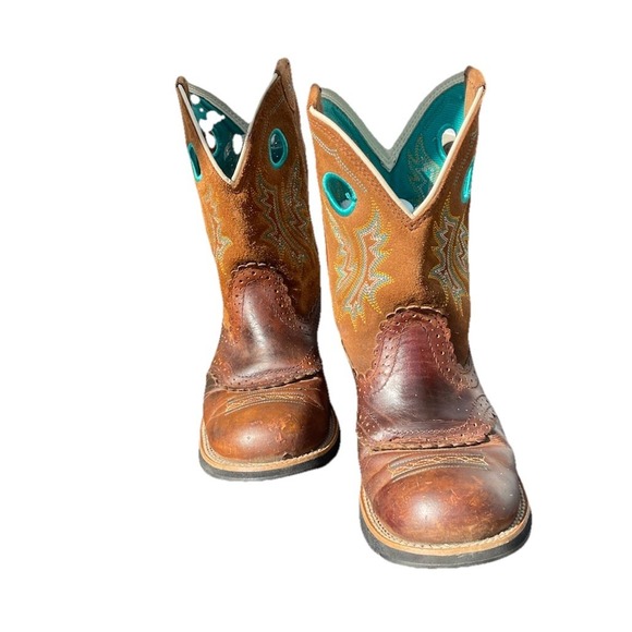 Ariat Fatbaby Brown‎ Turquoise Stitch Square Toe Western Cowboy Boot Women 7.5/8 - Picture 2 of 8